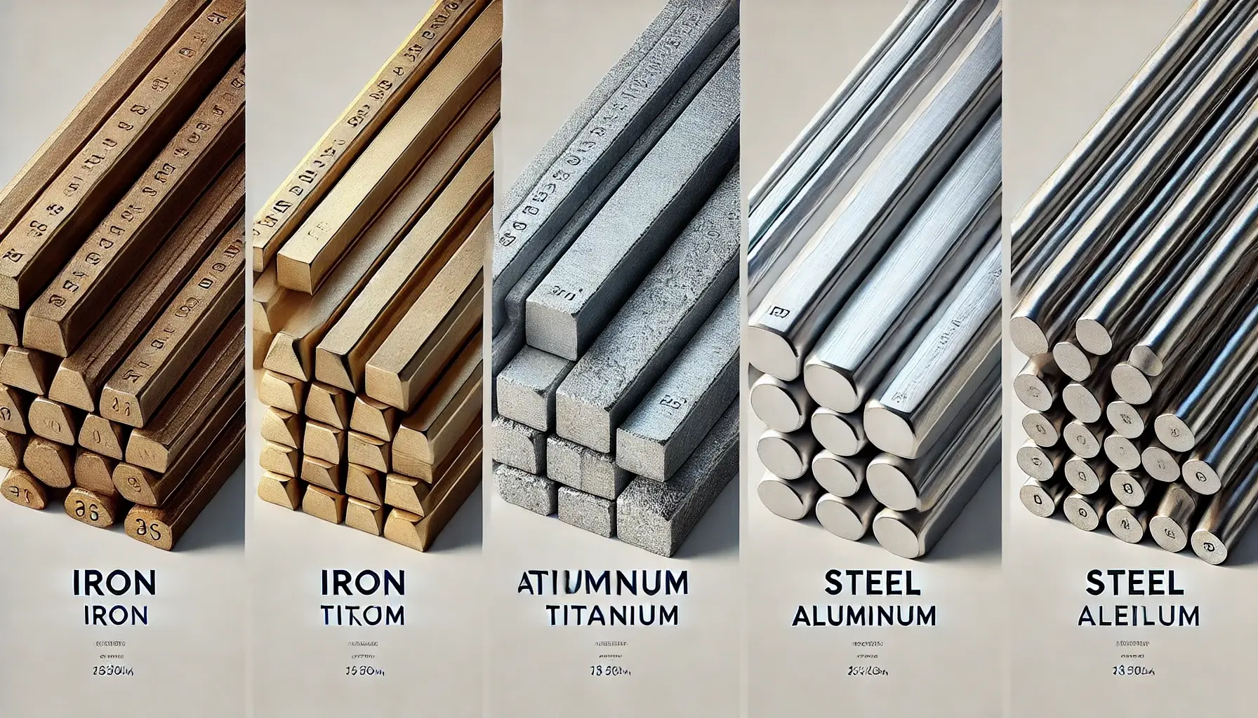 iron, titanium, aluminum, and steel